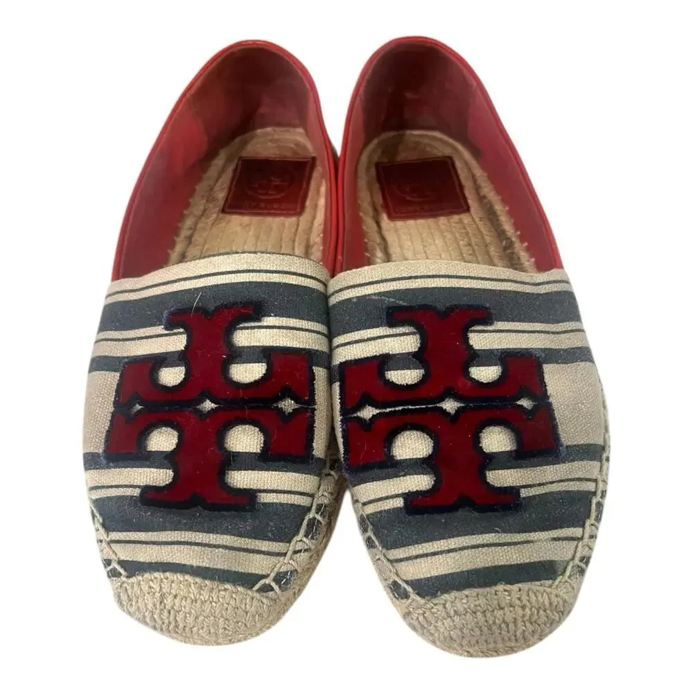 Tory Burch Ines Espadrille Women's Size 7.5 Fil Striped Coupe Red Blue